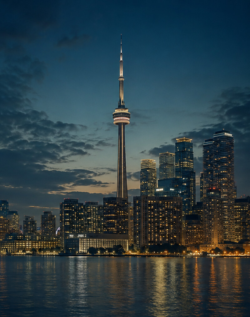 Toronto skyline featuring the CN Tower at night